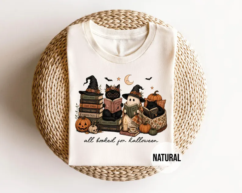 Ghosts and black cats with books and Halloween elements
