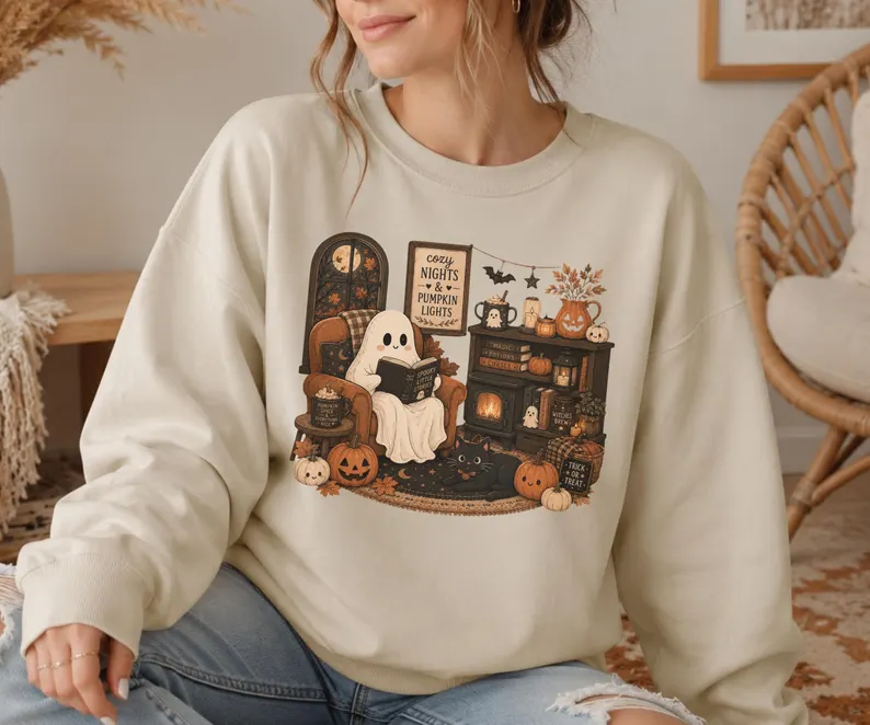 Ghost reading by a cozy fireplace with pumpkins and autumn decor