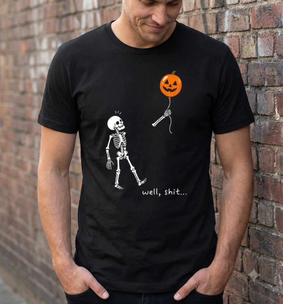 Minimalist skeleton surprised by a pumpkin balloon