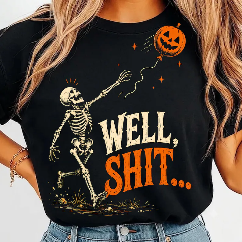 Skeleton reaching for a floating pumpkin balloon