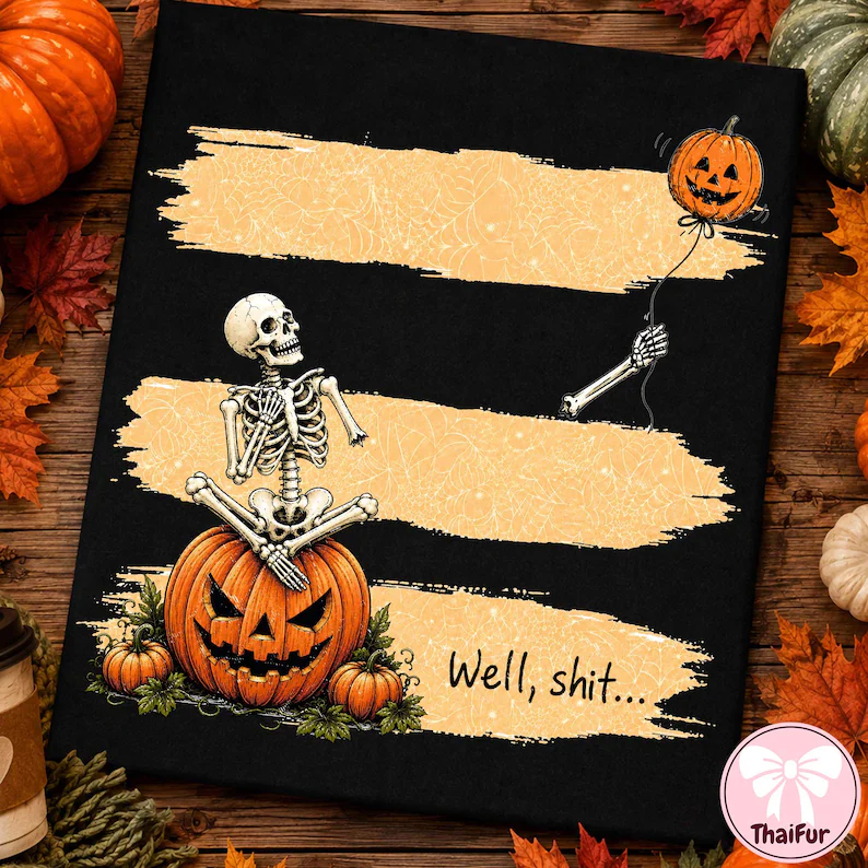 Skeleton sitting on a pumpkin holding a balloon with pumpkin face