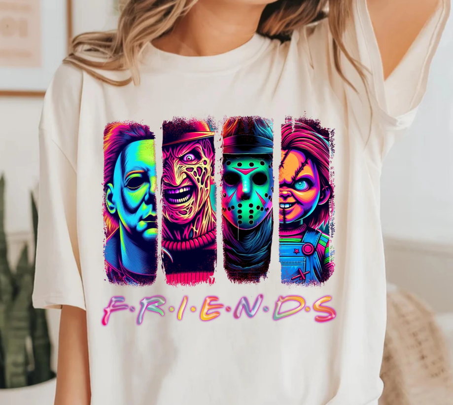 Neon horror characters with Friends text