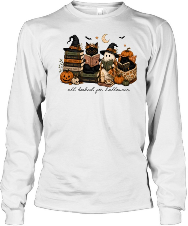 All Booked For Halloween Reading Ghost And Black Cats Graphic  Long Sleeved T-shirt