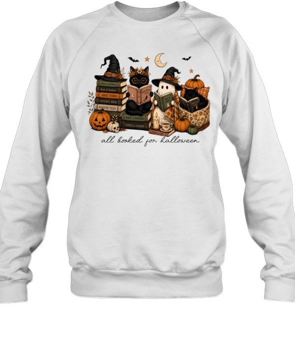 All Booked For Halloween Reading Ghost And Black Cats Graphic  Unisex Sweatshirt