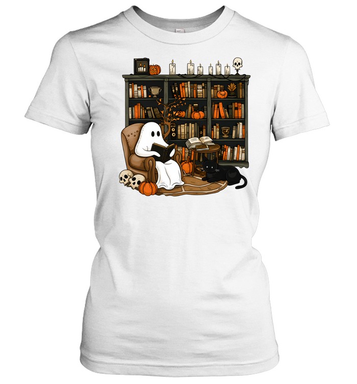 Cozy Bookworm Ghost Reading Books In Library Halloween Classic Women's T-shirt