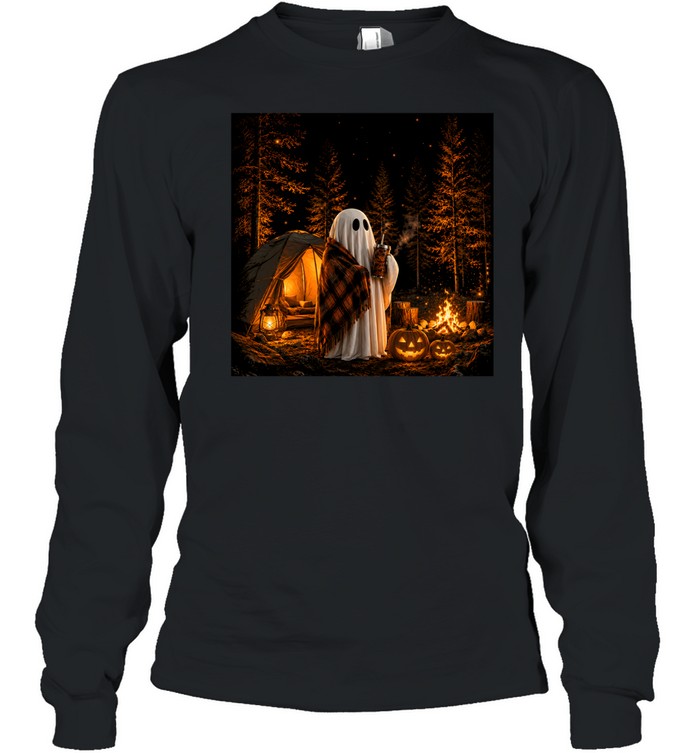 Cozy Camping Ghost Campfire Pumpkin Forest Halloween Long Sleeved T-shirt