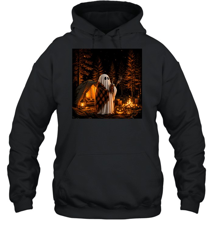 Cozy Camping Ghost Campfire Pumpkin Forest Halloween Unisex Hoodie Cozy Camping Ghost Campfire Pumpkin Forest Halloween Unisex Hoodie