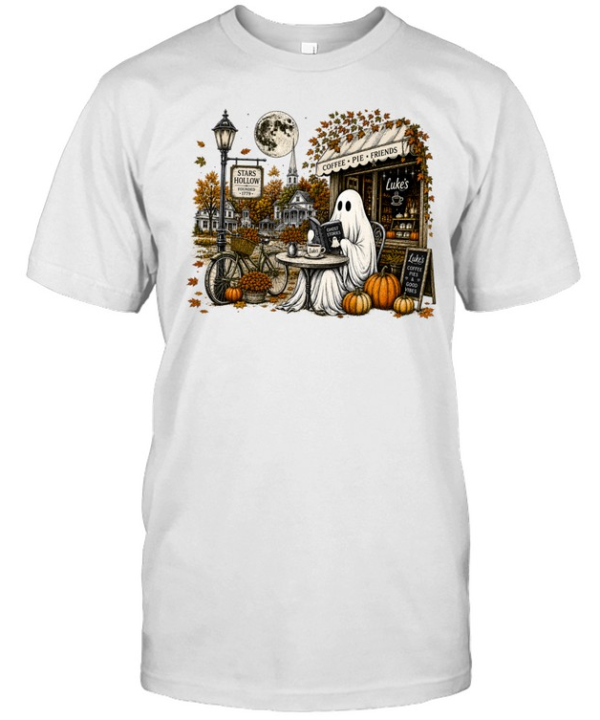 cozy ghost reading book in stars hollow luke's diner autumn shirt Classic Men's T-shirt