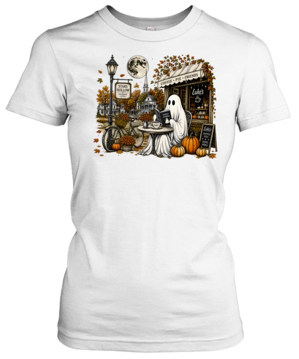 cozy ghost reading book in stars hollow luke's diner autumn shirt Classic Women's T-shirt