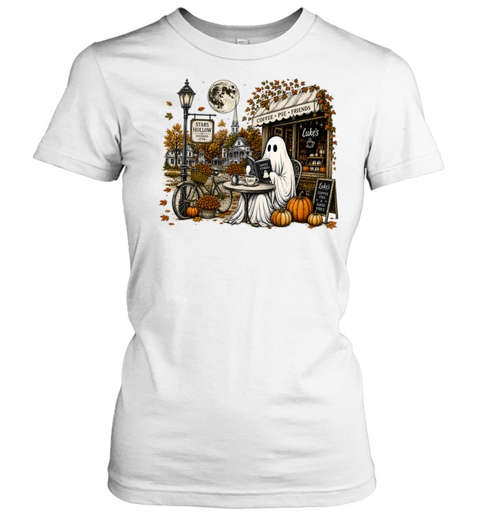 cozy ghost reading book in stars hollow luke's diner autumn shirt Classic Women's T-shirt