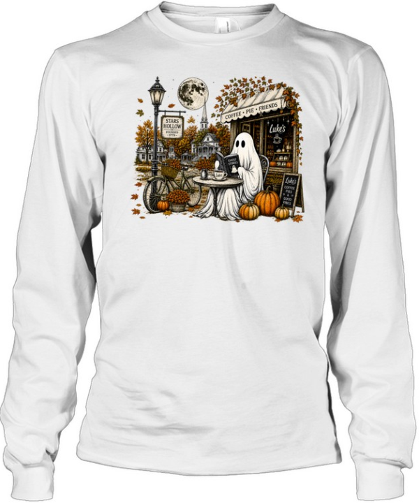 cozy ghost reading book in stars hollow luke's diner autumn shirt Long Sleeved T-shirt