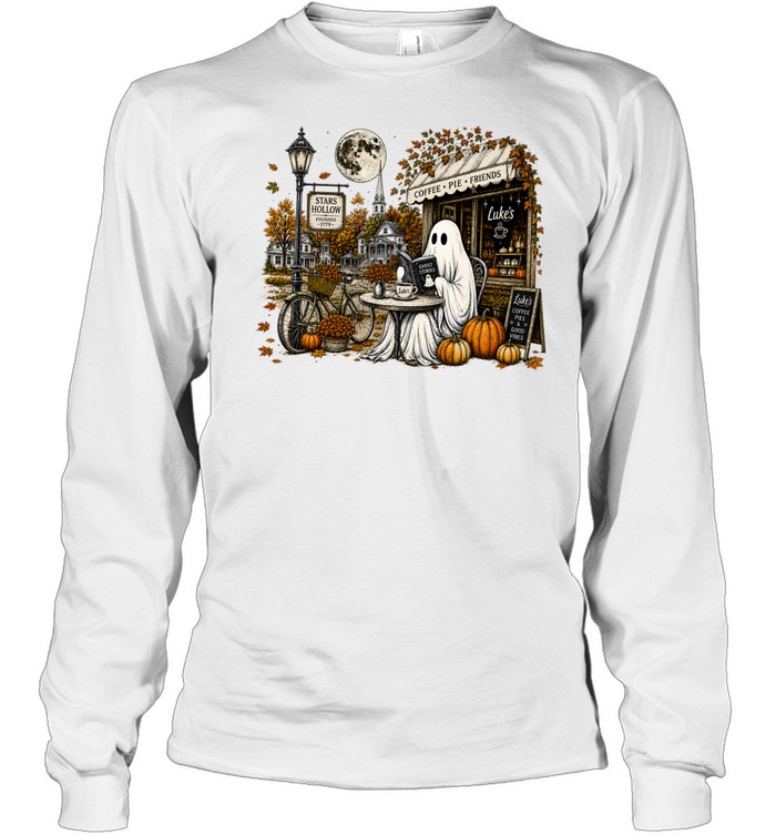 cozy ghost reading book in stars hollow luke's diner autumn shirt Long Sleeved T-shirt