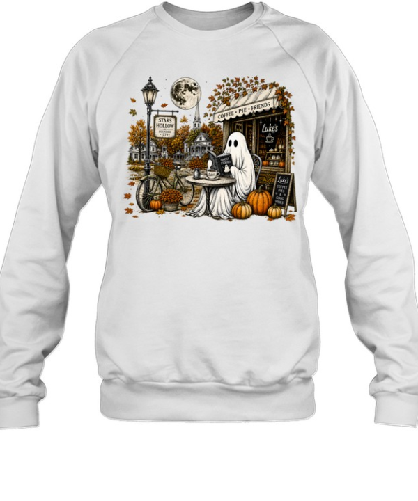 cozy ghost reading book in stars hollow luke's diner autumn shirt Unisex Sweatshirt