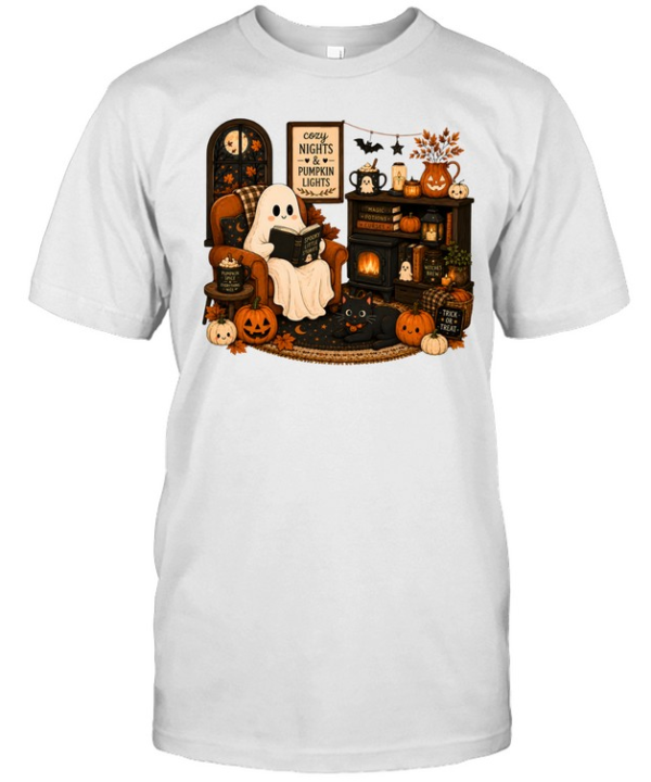 Cozy Nights & Pumpkin Lights Ghost Reading Book  Classic Men's T-shirt