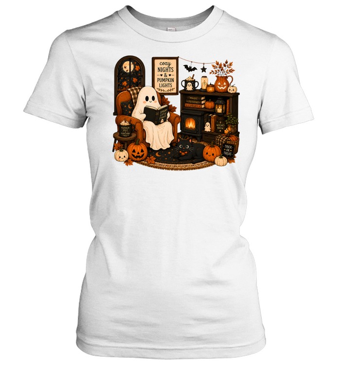 Cozy Nights & Pumpkin Lights Ghost Reading Book Classic Women's T-shirt