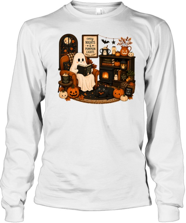 Cozy Nights & Pumpkin Lights Ghost Reading Book Long Sleeved T-shirt
