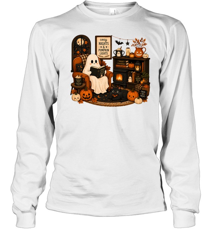 Cozy Nights & Pumpkin Lights Ghost Reading Book Long Sleeved T-shirt