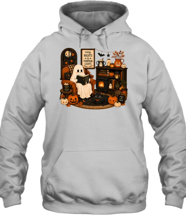 Cozy Nights & Pumpkin Lights Ghost Reading Book Unisex Hoodie
