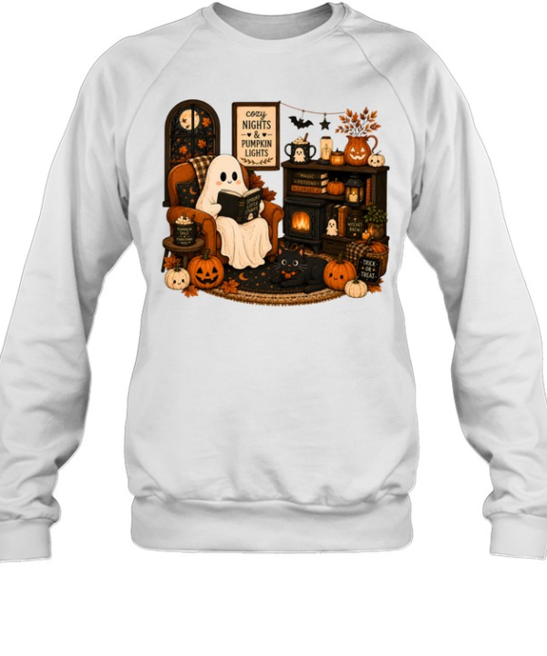 Cozy Nights & Pumpkin Lights Ghost Reading Book Unisex Sweatshirt
