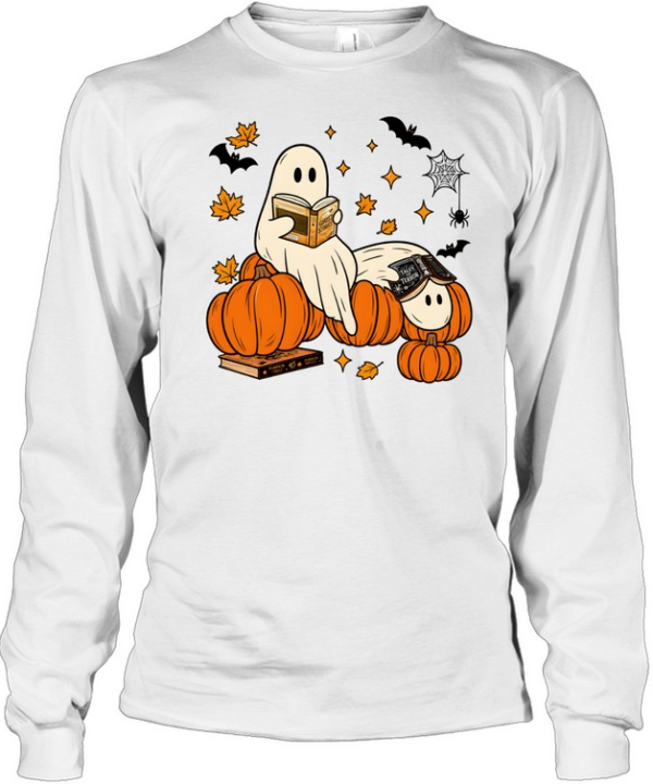 Cozy Reading Ghosts On Pumpkins Fantasy Book Lover Long Sleeved T-shirt