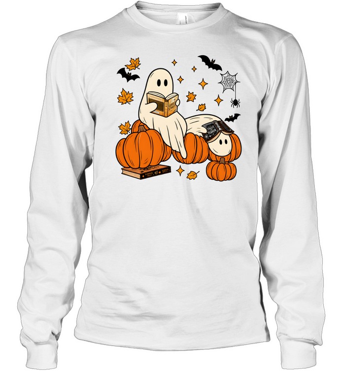 Cozy Reading Ghosts On Pumpkins Fantasy Book Lover Long Sleeved T-shirt