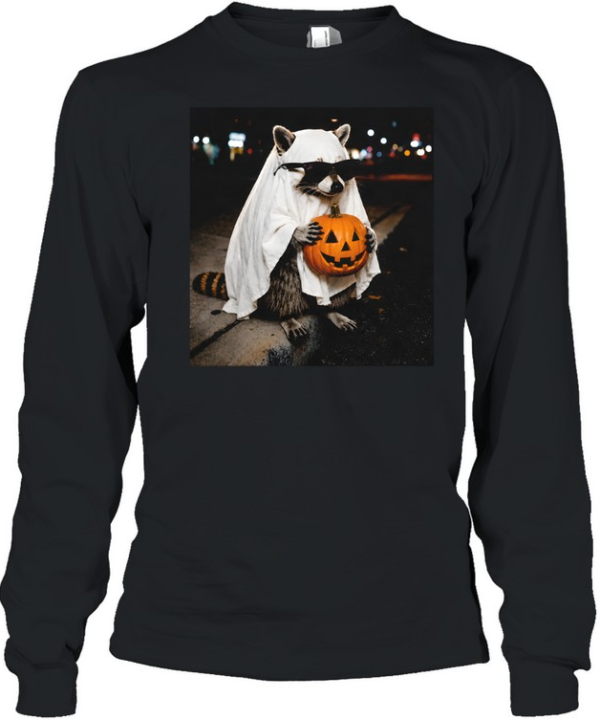 Cute Ghost Raccoon With Sunglasses Holding Pumpkin Halloween  Long Sleeved T-shirt
