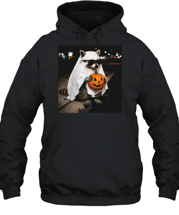 Cute Ghost Raccoon With Sunglasses Holding Pumpkin Halloween  Unisex Hoodie