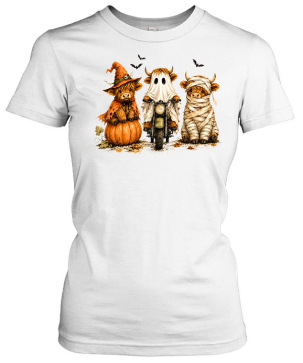 Cute Halloween Highland Cows Ghost Witch Mummy Graphic  Classic Women's T-shirt