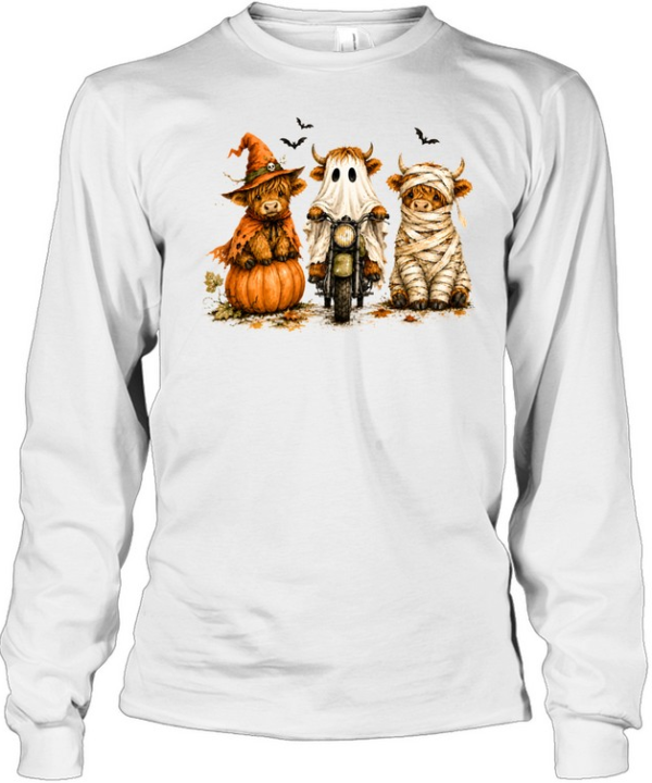 Cute Halloween Highland Cows Ghost Witch Mummy Graphic  Long Sleeved T-shirt