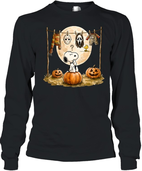 Cute Snoopy Choosing Halloween Costume Slasher Squad Graphic  Long Sleeved T-shirt
