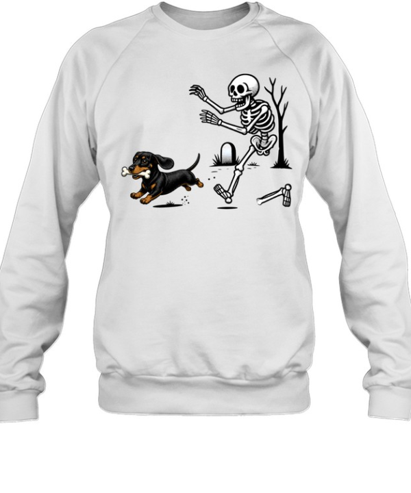 Dachshund Stealing Bone From Skeleton Cute Halloween Unisex Sweatshirt