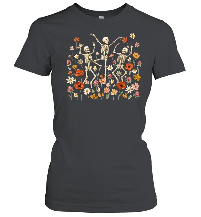 Dancing Skeletons In Wildflower Meadow Textured Oil Painting Olive Classic Women's T-shirt