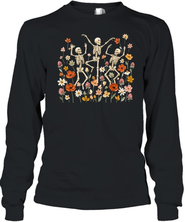 Dancing Skeletons In Wildflower Meadow Textured Oil Painting Olive Long Sleeved T-shirt