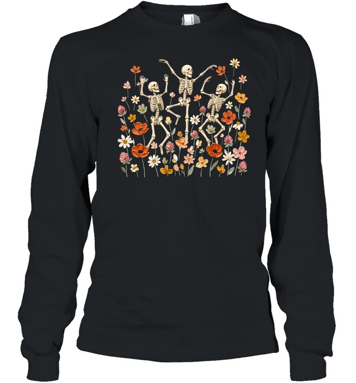 Dancing Skeletons In Wildflower Meadow Textured Oil Painting Olive Long Sleeved T-shirt
