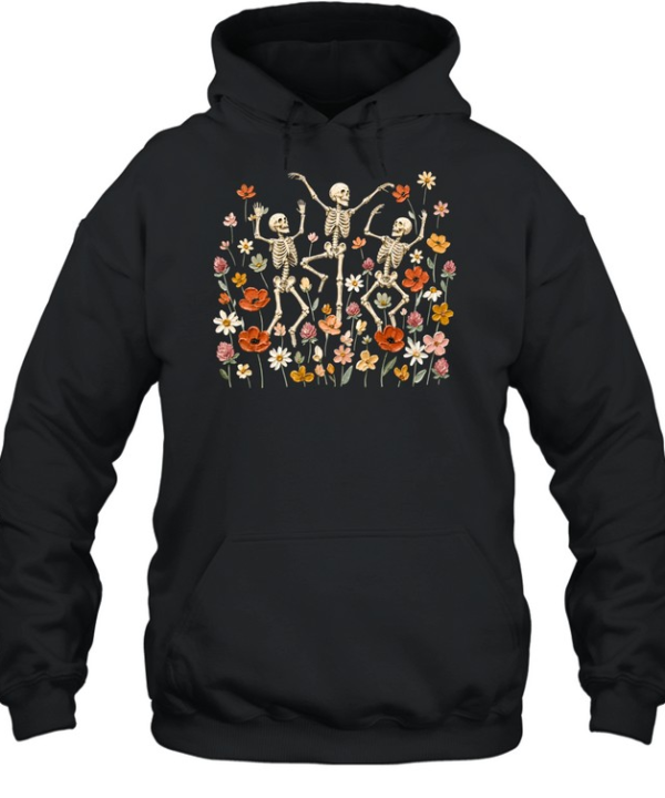 Dancing Skeletons In Wildflower Meadow Textured Oil Painting Olive Unisex Hoodie