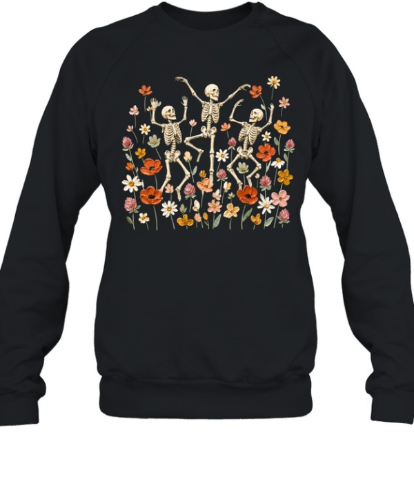 Dancing Skeletons In Wildflower Meadow Textured Oil Painting Olive Unisex Sweatshirt