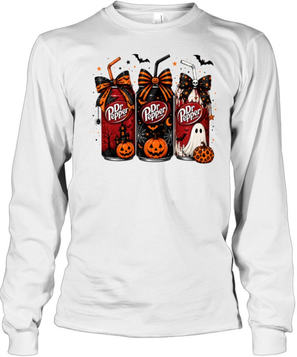 Dr Pepper Halloween Cans Coquette Bows Ghost Pumpkin Graphic  Long Sleeved T-shirt