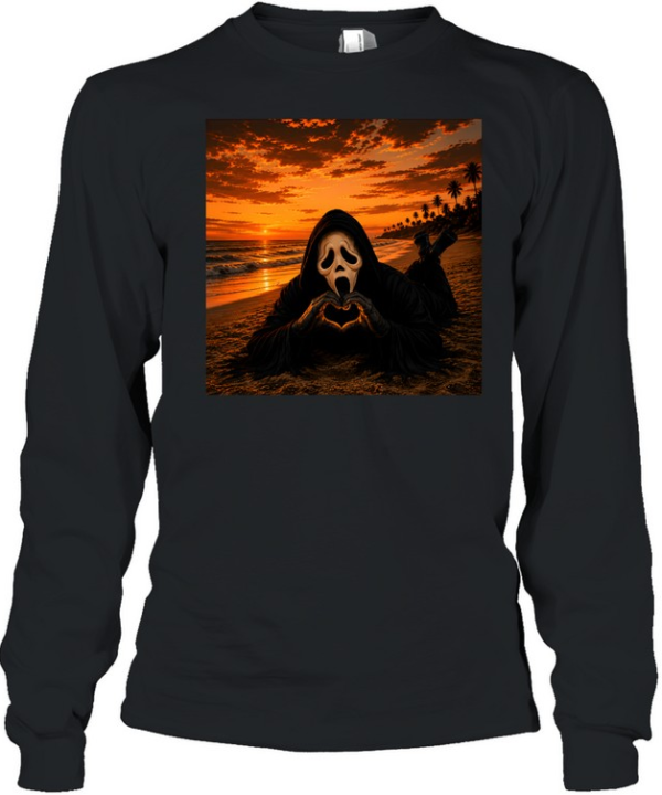 Funny Ghostface Beach Sunset Heart Hands Halloween Long Sleeved T-shirt