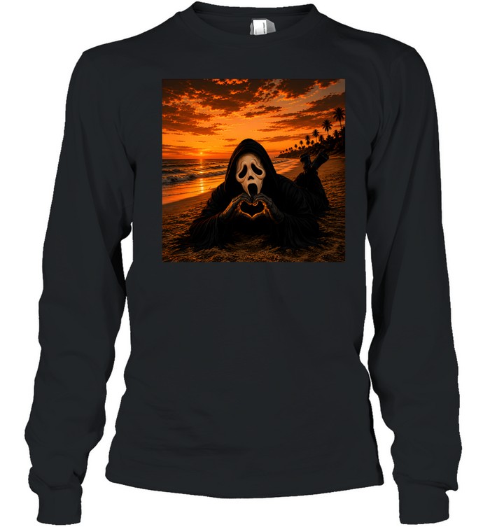 Funny Ghostface Beach Sunset Heart Hands Halloween Long Sleeved T-shirt