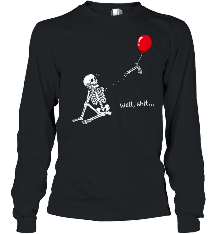 Funny Well Shit Sitting Skeleton Lost Arm Red Balloon Halloween Long Sleeved T-shirt