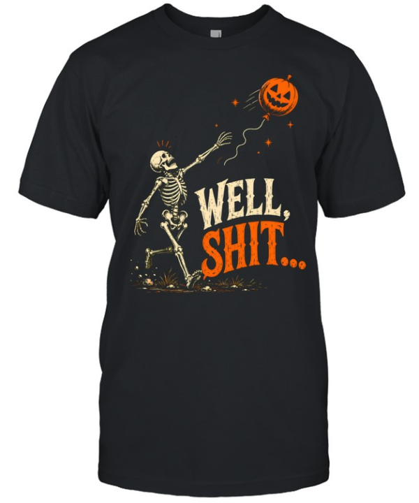 Funny Well Shit Skeleton Chasing Pumpkin Balloon Halloween Classic Men's T-shirt