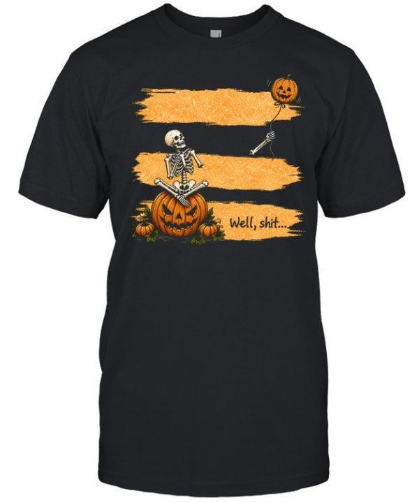 Funny Well Shit Skeleton On Pumpkin Flying Balloon Arm Halloween Classic Men's T-shirt