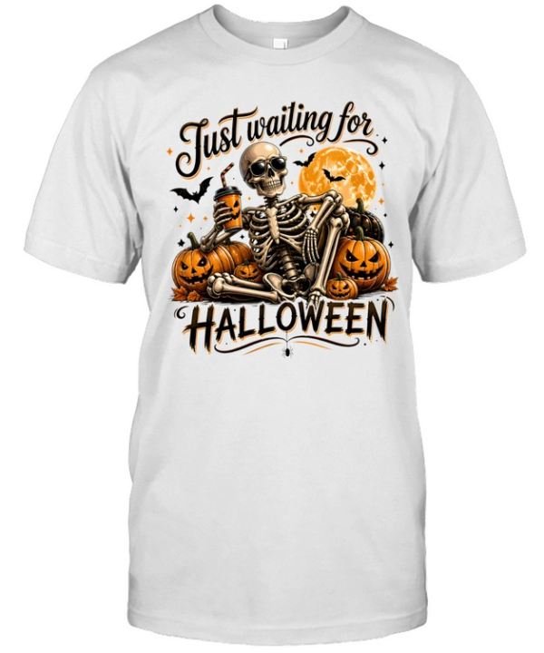Just Waiting For Halloween Skeleton Drinking Coffee Pumpkin  Classic Men's T-shirt