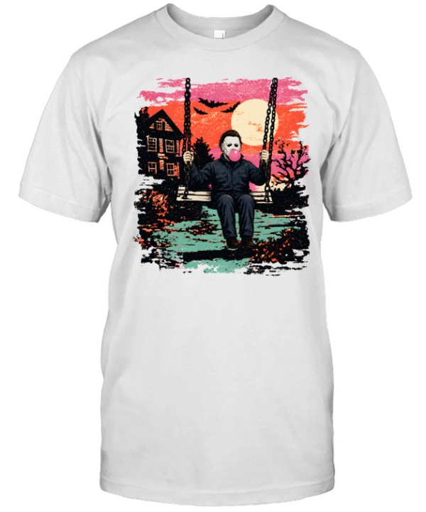 Michael Myers On Swing Blowing Bubble Gum Halloween  Classic Men's T-shirt