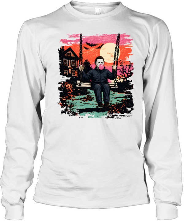 Michael Myers On Swing Blowing Bubble Gum Halloween Long Sleeved T-shirt