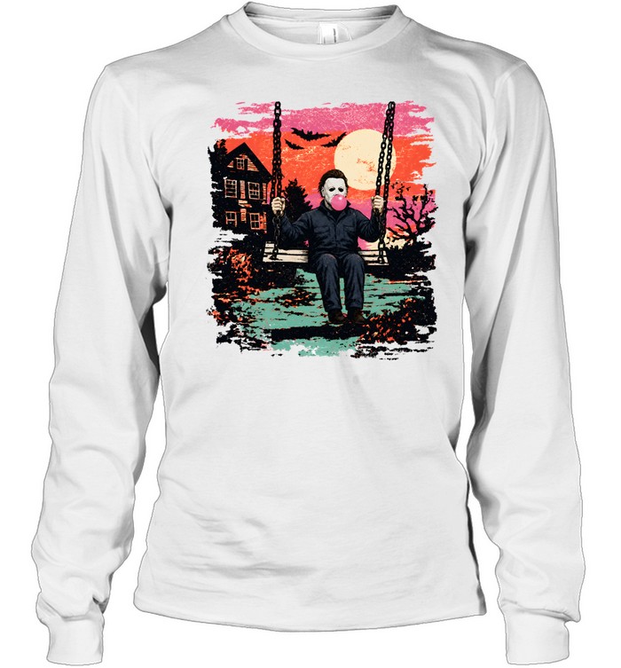 Michael Myers On Swing Blowing Bubble Gum Halloween Long Sleeved T-shirt