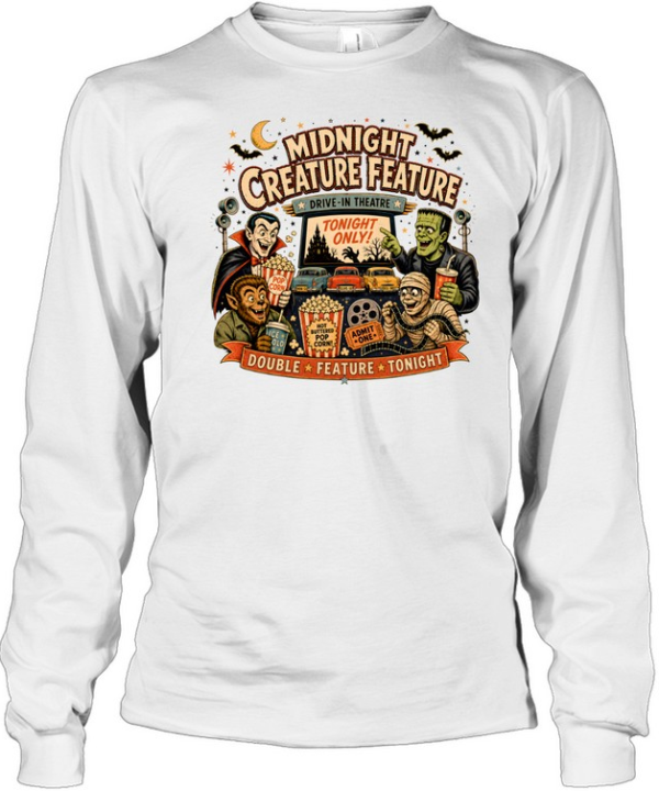 Midnight Creature Feature Retro Drive-In Theatre Classic Monsters Long Sleeved T-shirt