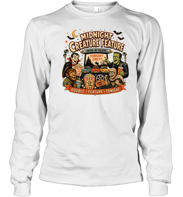 Midnight Creature Feature Retro Drive-In Theatre Classic Monsters Long Sleeved T-shirt