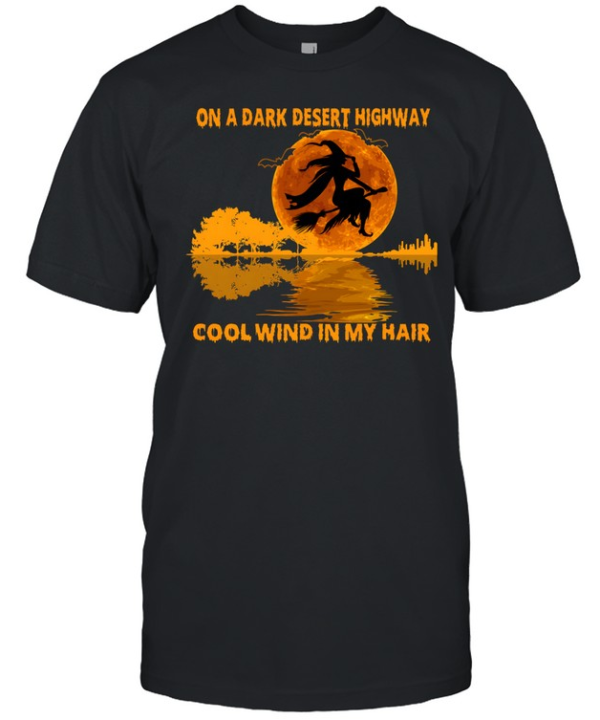 On A Dark Desert Highway Flying Witch Guitar Reflection Halloween Classic Men's T-shirt
