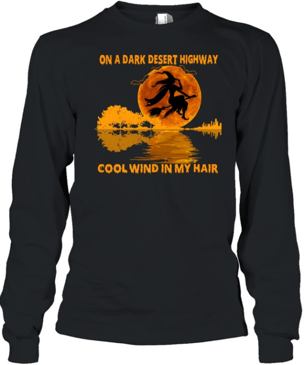 On A Dark Desert Highway Flying Witch Guitar Reflection Halloween  Long Sleeved T-shirt